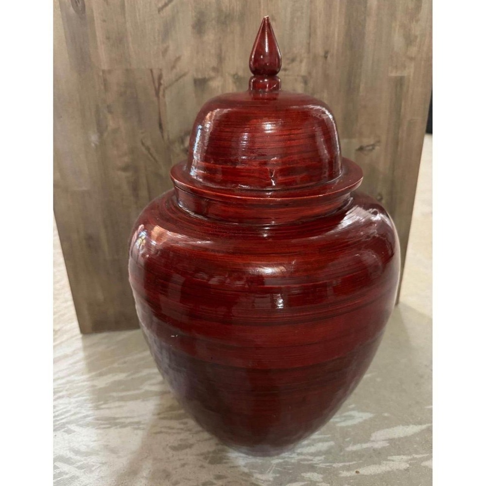 Large Red Bamboo Ginger Jar Vase Lidded Decorative Floor Decor Mahogany Finish